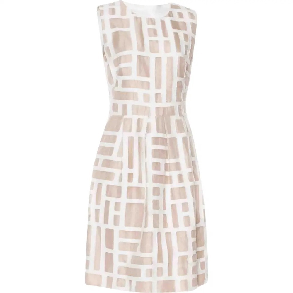 Lela Rose Geometric Pattern Sheath Dress Taupe and White Designer Women’s Size 8